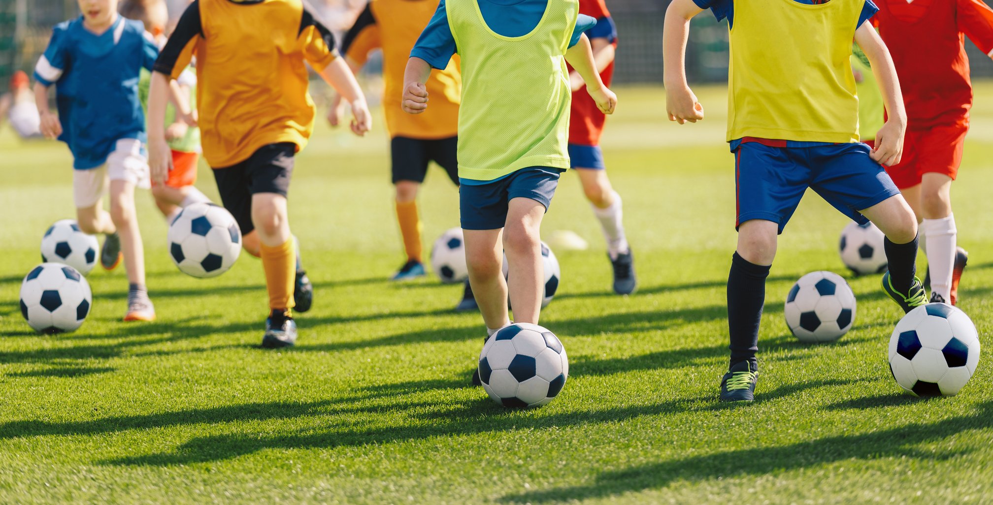 Football Soccer Children Training Class. Kids Practicing Footbal